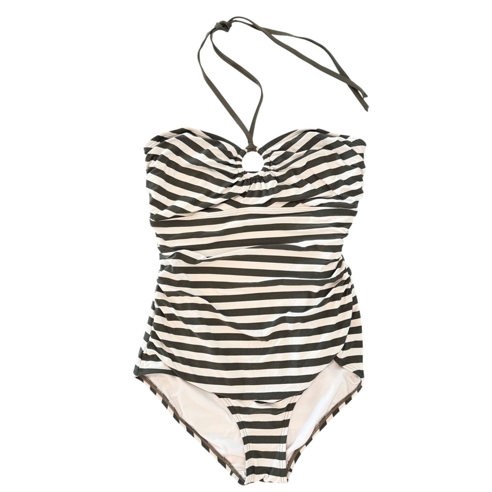 Michael Kors One Piece Swimsuit Size 12 Green Cream Striped Logo Ring Halter